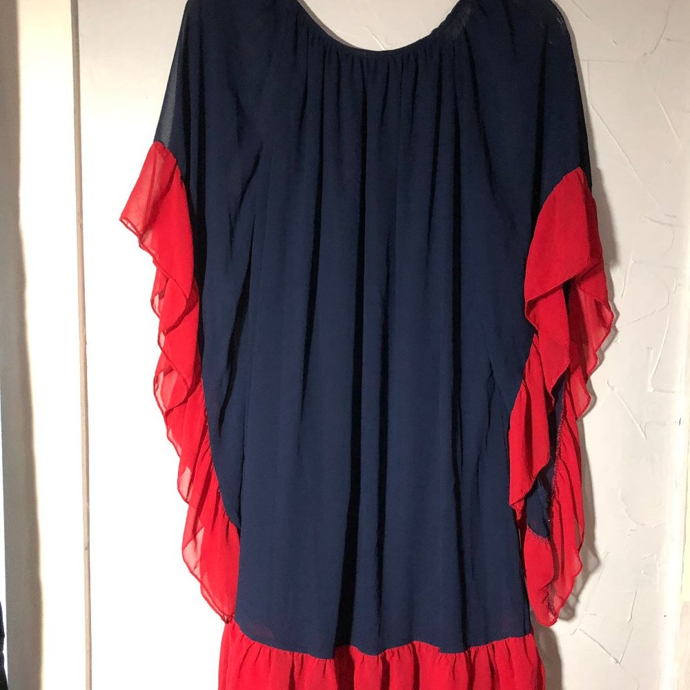 2Tee Couture Size M Navy/Red Ruffled Pullover - Picture 5 of 6
